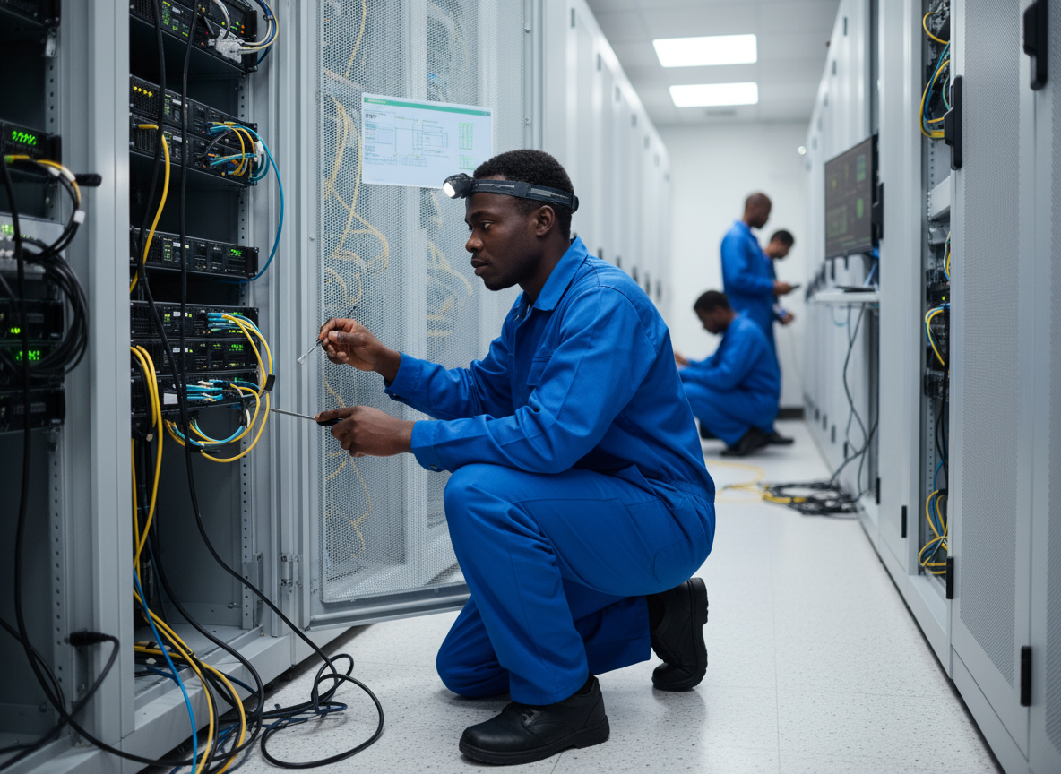 Ingénieur africain d'INNOVTIC travaillant sur des serveurs